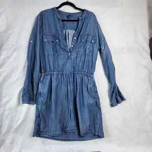 Gap Blue Denim Western Shirt Dress Women's L Tall Button Front Pockets